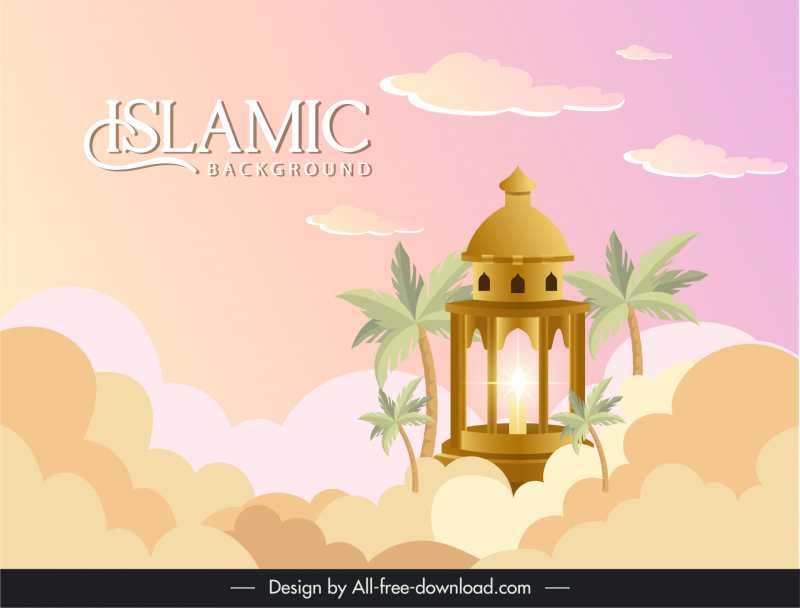 Template latar belakang islam cerah elegan arsitektur arab dekorasi awan pohon kelapa