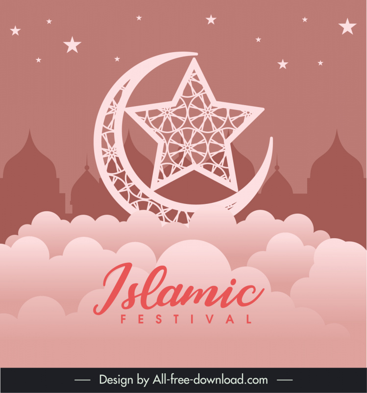 이슬람 축제 배경 템플릿 어두운 구름 별 초승달 건축 실루엣 스케치