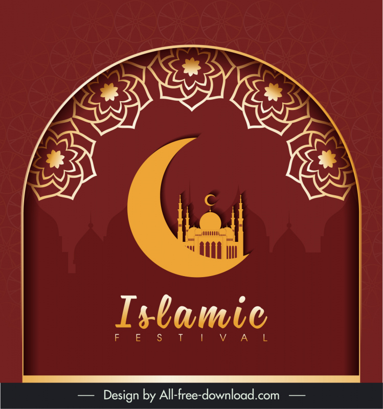 Islam Festival Postervorlage Flacher klassischer Halbmond Tempel Flora Dekor