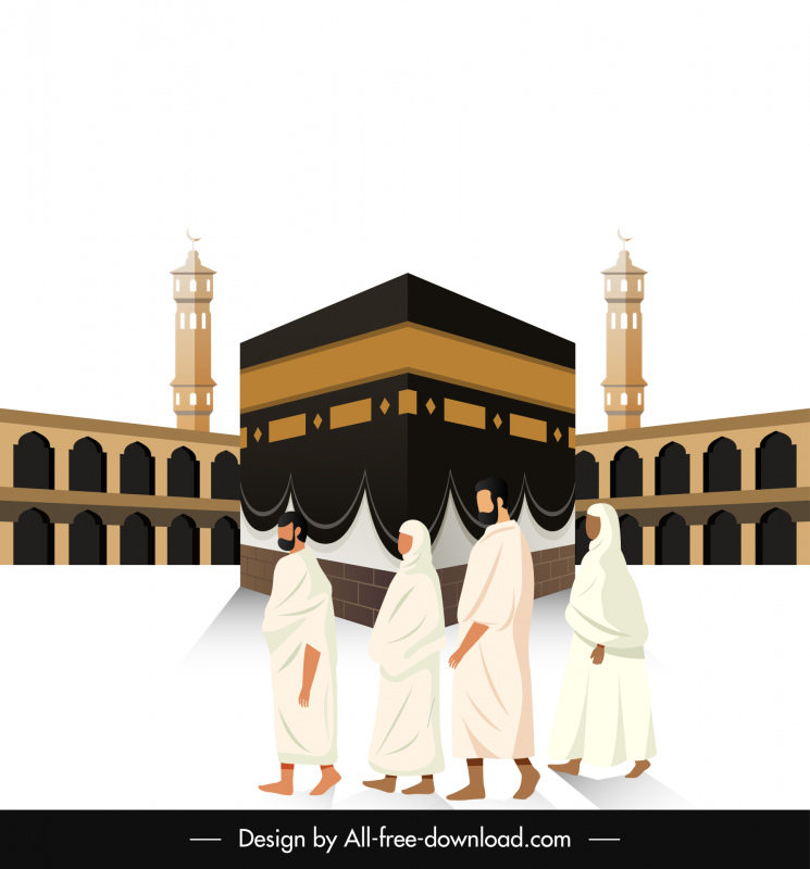 イスラム教ハッジ巡礼の背景信者テンプレート3D漫画スケッチ