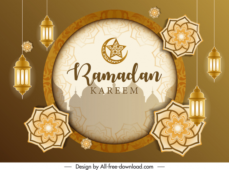 islam ramadan poster modelo pétalas elegantes luzes penduradas silhueta decoração do templo