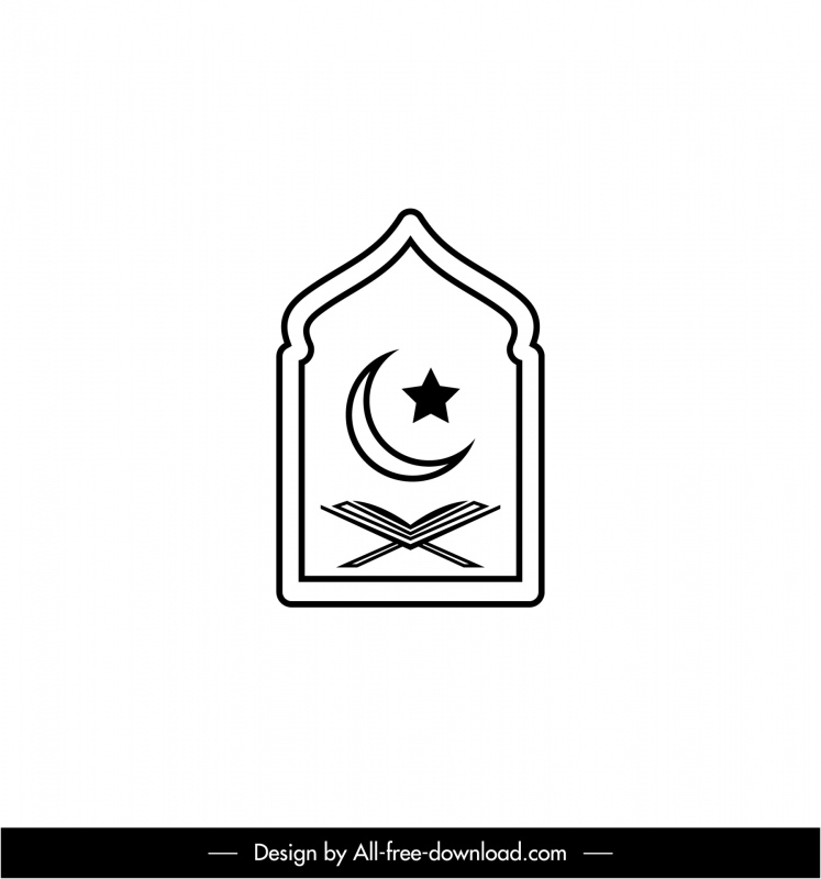 Islam signe icône noir blanc plat symétrique design étoile croissant écriture contour