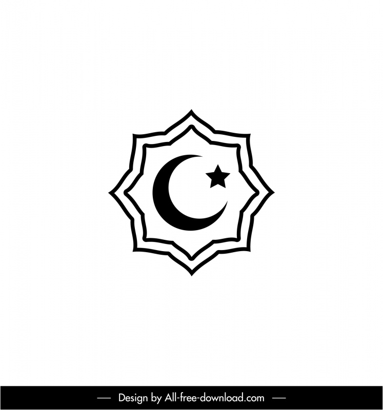 icono del signo del islam marco simétrico blanco negro contorno de la estrella creciente