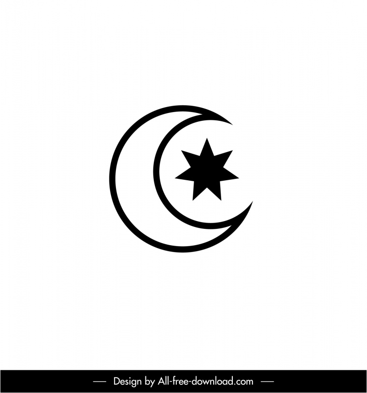 ikon tanda islam garis besar bintang bulan sabit putih hitam datar