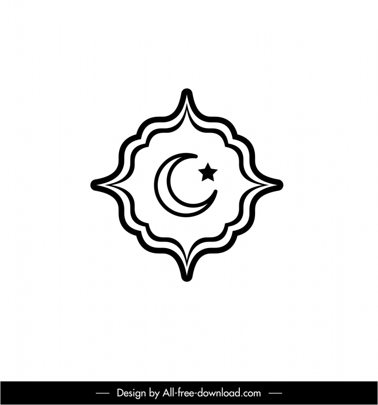 Icono del signo del Islam Negro Blanco Borde simétrico Contorno inicial de la media luna