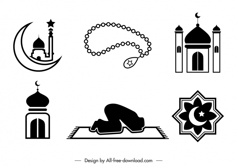 イスラムのシンボル記号アイコン 黒 白 フラット クラシック アウトライン