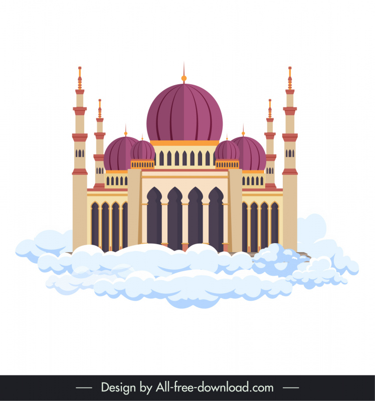 ikon kastil surga islam arsitektur simetris elegan sketsa awan