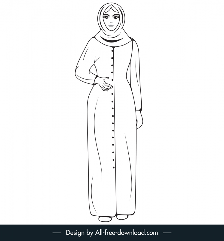 Ikon Wanita Islami Garis Besar Karakter Kartun Hitam Putih
