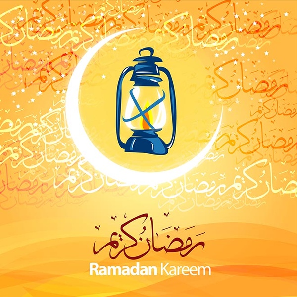 Islamische Laterne orange Hintergrund mit Ramadan Kareem arabische Kalligraphie Muster Hintergrund