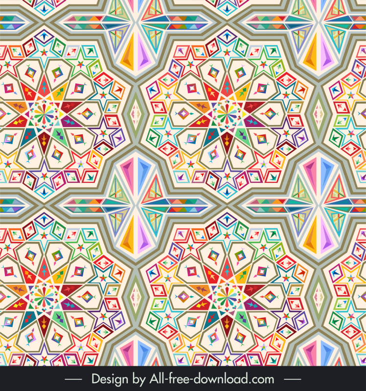 template pola mosaik islami warna-warni simetris berulang desain bentuk geometris