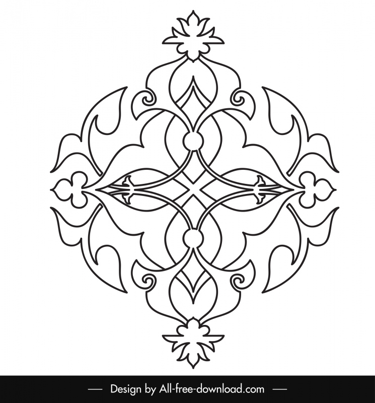 イスラム装飾テンプレート黒白対称円花柄形状アウトライン