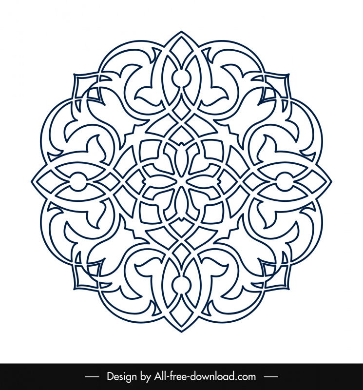 templat ornamen islami lingkaran bentuk bunga simetris garis besar