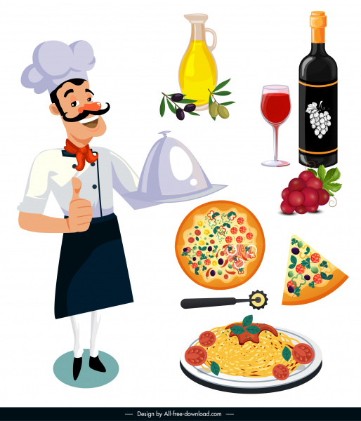 elemen desain italia sketsa ikon makanan koki