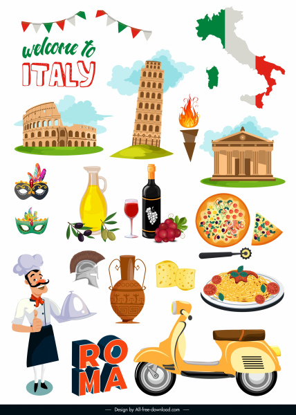itália elementos de design colorido símbolos planos esboço