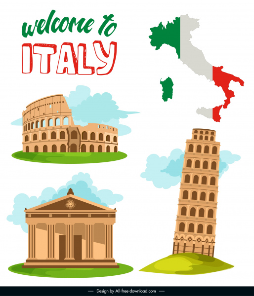 Italien Tourismus Banner retro Architekturen Flagge Karte Skizze