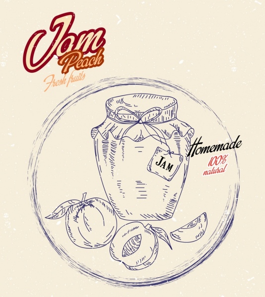 Marmeladenwerbung handgezeichnete Skizze Pfirsich-Ikone