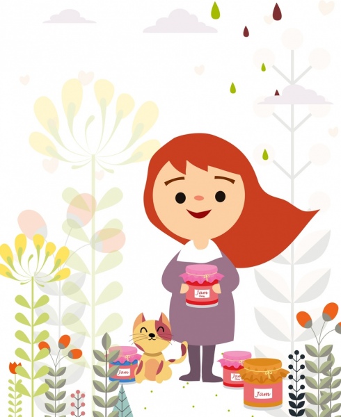 marmellata di pubblicità bella ragazza gatto dei cartoni animati icone colorate