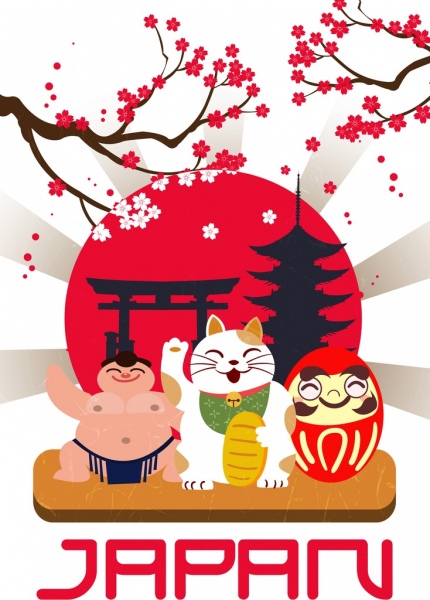 Японская реклама баннер Сакура сумо кошка солнце значки