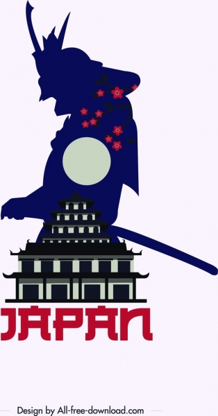 Japão banner de publicidade samurai castelo ícone silhueta decoração