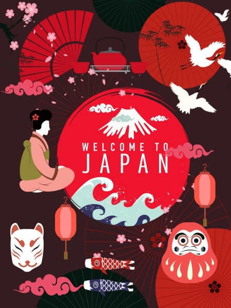 Jepang Iklan Desain Merah Tua Dekorasi Simbol Tradisional