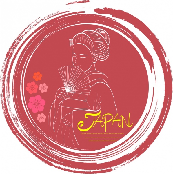 Japan Werbung traditionelle Frau skizzieren rote Grunge-Dekor