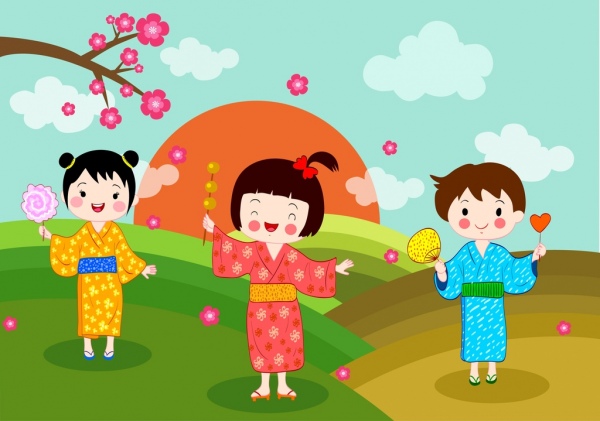일본 배경 아이 들 전통 의상 컬러 만화