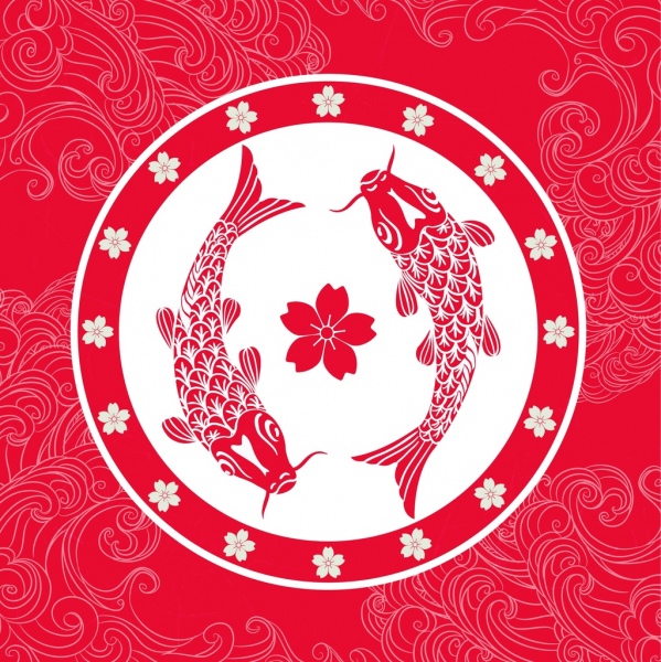Hintergrund rot Dekor Karpfen Sakura Symbole Japan