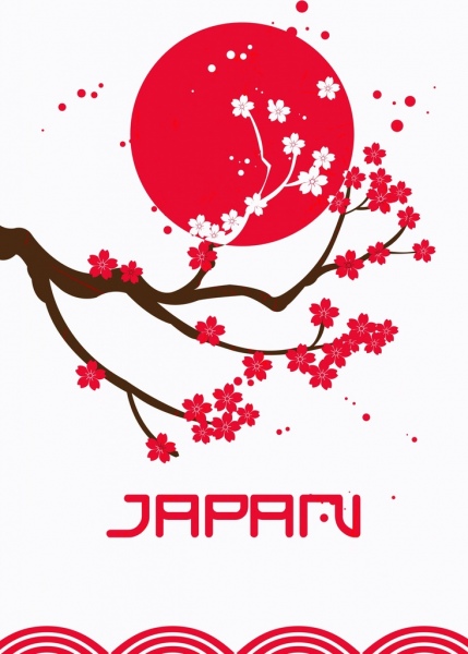 Japão fundo sakura sol vermelho ícones decoração