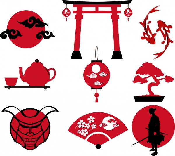 日本文化設計元素的各種紅色圖標