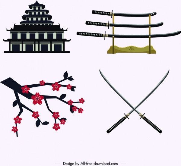 Elementi di design giappone castello spada sachedi icone