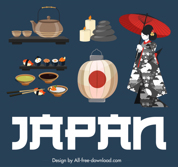 องค์ประกอบการออกแบบญี่ปุ่นชุดกิโมโนโคมไฟเครื่องดื่มอาหารร่าง