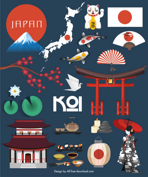 Япония дизайн элементов ретро национальных эмблем эскиз