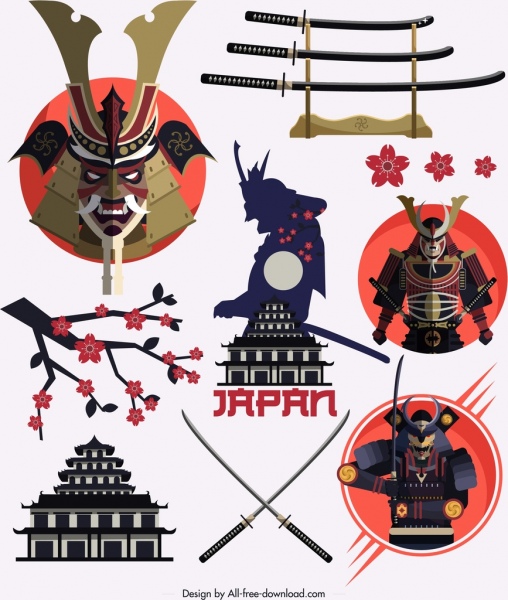 Giappone elementi di design samurai spada icone ciliegia