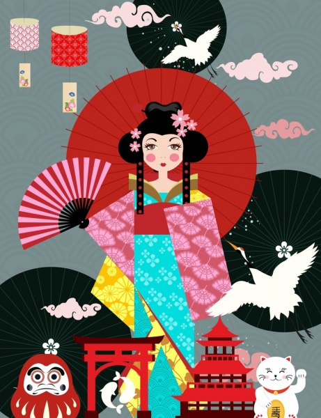 Япония дизайн элементы традиционной иконы цветной мультфильм дизайн