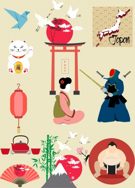 vários símbolos coloridos dos elementos de design do Japão