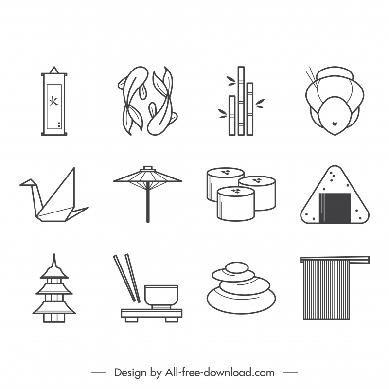 japan icon sets flache schwarz weiß klassische symbole skizze