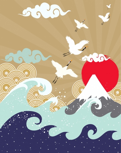 Japón estilo dibujando ondas de montaña sol aves iconos