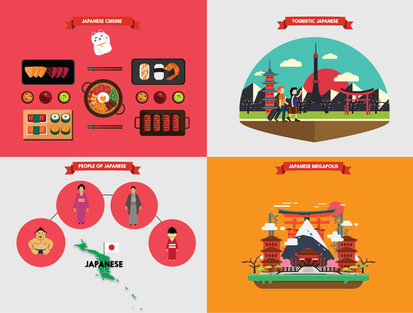 Japan Tourismus Poster Vektorillustration mit verschiedenen Feldern
