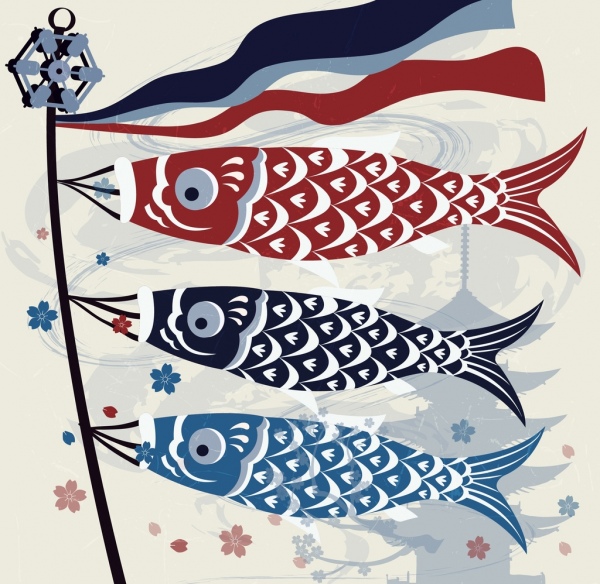 Truyền thống của Nhật Bản. Những chiếc đèn lồng ngũ sắc nền thiết kế biểu tượng cá chép