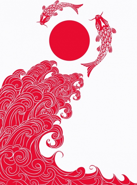 Japão tradicional base vermelho projeto onda carpas ícones
