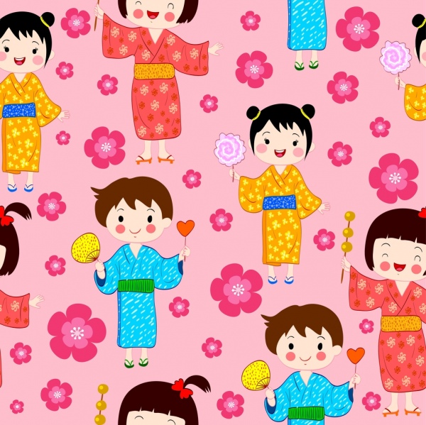 日本背景传统的男孩女孩图标重复的设计