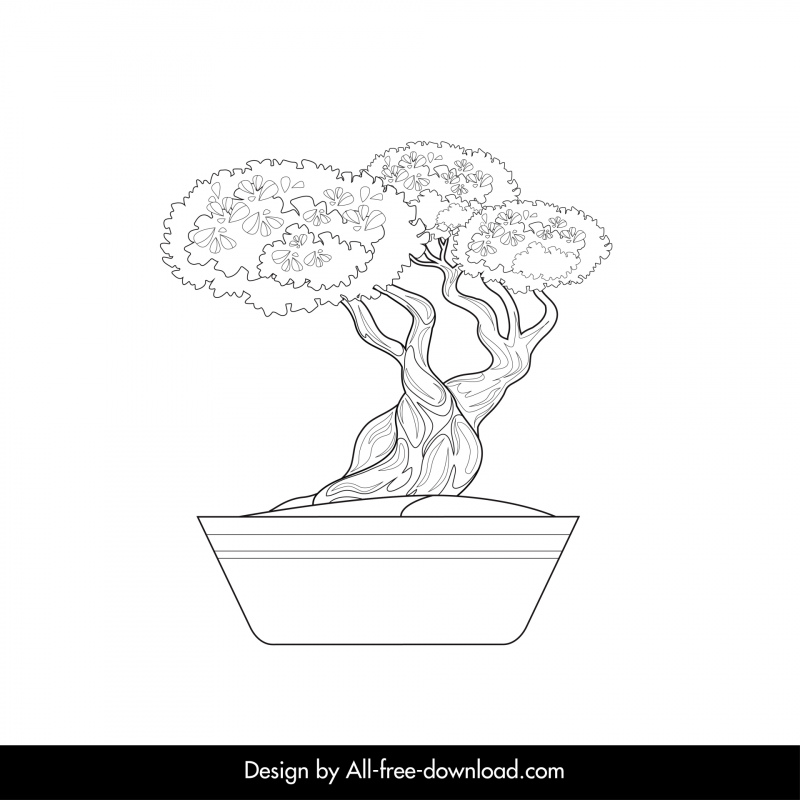 bonsaï japonais arbre icône classique noir blanc contour dessiné à la main