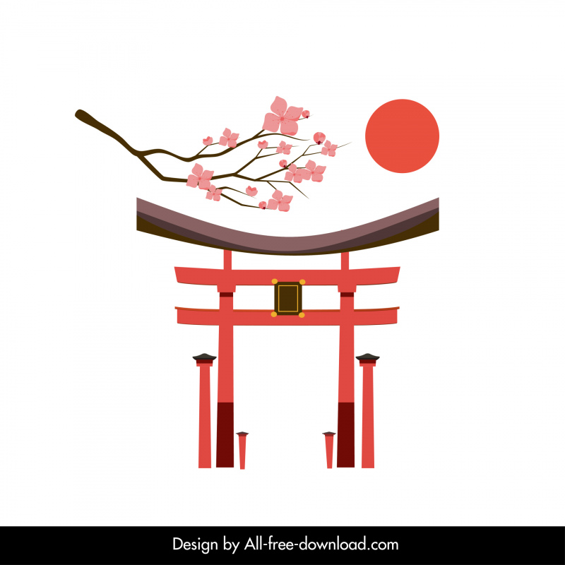 Elementos de diseño japoneses Temple Gate Sakura Flower Sun Sketch