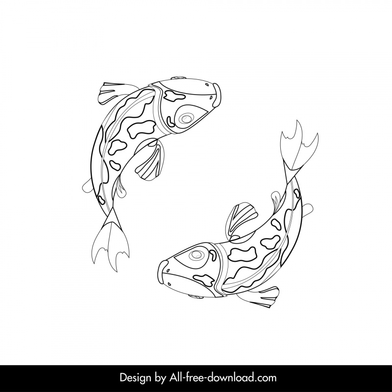 Icône de poisson koï japonais dynamique noir blanc contour dessiné à la main