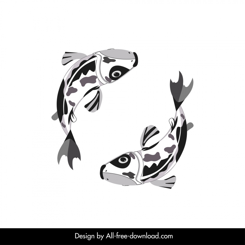 Iconos de peces koi japoneses Dynamic Flat Black White Handdrawn Outline