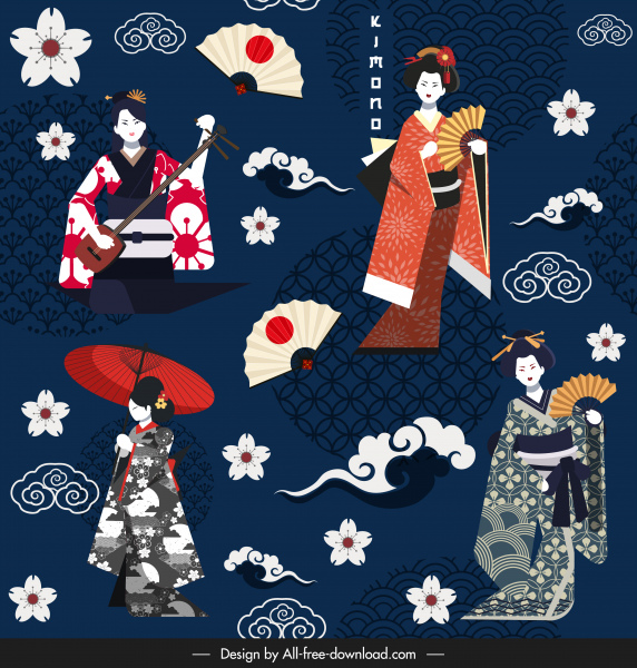 modelo padrão japonês clássico quimono nuvem sakura esboço