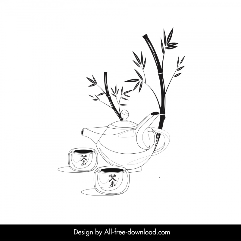 Значок японского чайного сервиза Черный белый нарисованный от руки бамбуковый горшок