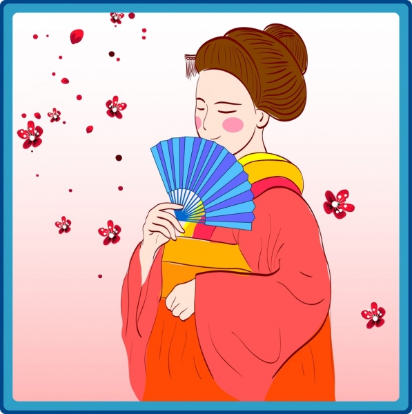 ícone de mulher japonesa colorido traje tradicional do projeto dos desenhos animados