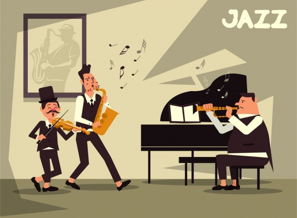 personnages de dessins animés accompagnement de jazz musique bande icône