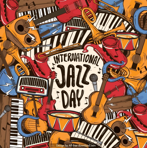 jazz banner instrumentos ícones decoração clássica bagunçado design